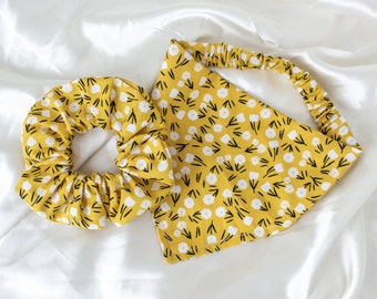 MATCH YOUR DOG! Matching Mustard Floral Dog Bandana and Hair Scrunchie Set, Scrunchy Pet and Owner Set, Scrunchies and Dog Scarf Pack