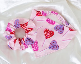 Cute Valentines Day Matching Dog Bandana and Hair Scrunchie Set, Heart Lollipop Pet and Owner Set, Pink Valentines Day Gifts, Dog Scarf