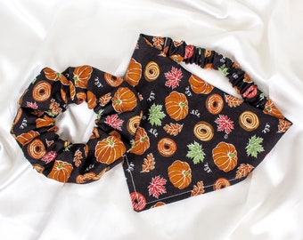 MATCH YOUR DOG! Matching Fall Pumpkin Dog Bandana and Hair Scrunchie Set, Autumn Scrunchy Pet and Owner Set, Scrunchies and Dog Scarf