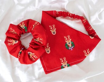 Christmas Reindeer Dog Bandana and Hair Scrunchy Set, MATCHING Winter Holiday Scrunchie Pet and Owner Set, Green Scrunchies and Dog Scarf