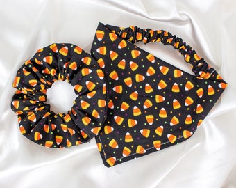 Matching Halloween Dog Bandana and Hair Scrunchy Set, MATCH YOUR DOG! Candy Corn Scrunchie Pet and Owner Set, Scrunchies and Dog Scarf