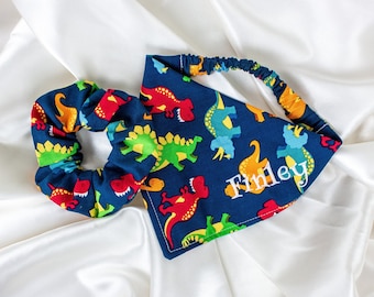 MATCHING Personalized Dog Bandana and Hair Scrunchie Set, Embroidered Dinosaur Scrunchy Pet and Owner Set, Dino Custom Dog Bandana Boy