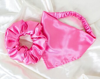 Matching ELEGANT Satin SLIP ON Dog Bandana and Hair Scrunchie Set, Silky Scrunchy Pet and Owner Pack, Pink Bridal Dog Wedding Attire