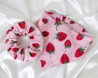 MATCH YOUR DOG! Matching Pink Strawberry Dog Bandana and Hair Scrunchie Set, Scrunchy Pet and Owner Set, Scrunchies and Dog Scarf