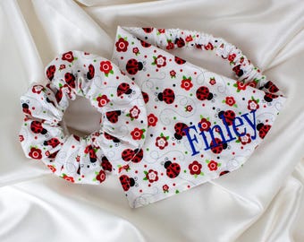 Matching Embroidered Floral Lady Bug Dog Bandana and Hair Scrunchie Set, Personalized