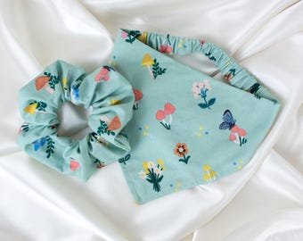 Matching Sage Green Floral Dog Bandana and Hair Scrunchie Set with Mushrooms