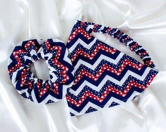 Matching Patriotic Chevron Dog Bandana and Hair Scrunchie Set, 4th of July Scrunchies Pet and Owner Pack, Dog Scarf and Scrunchy