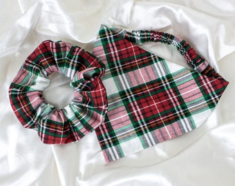 MATCH YOUR DOG! Matching Plaid Dog Bandana and Hair Scrunchy Set, Winter Scrunchies and Dog Scarf, Christmas Scrunchie Pet and Owner Set