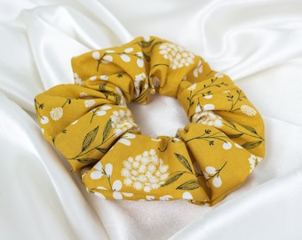 Mustard Floral Scrunchie, Handmade Large Scrunchy, Hair Ties, Hair Accessories, Flowers Scrunchies, Gift for Women