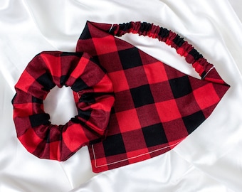 MATCH YOUR DOG! Matching Buffalo Plaid Dog Bandana and Hair Scrunchie Set, Scrunchy Pet and Owner Set, Scrunchies and Dog Scarf
