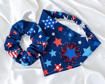 Matching 4th of July Dog Bandana and Hair Scrunchie Set, Patriotic Scrunchies Pet and Owner Set, Scrunchy and Dog Scarf, Dog Mom Gift