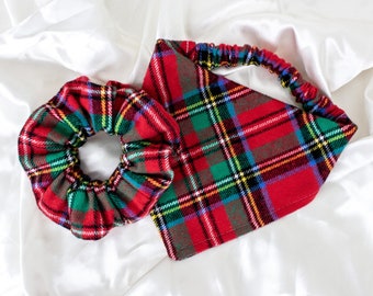 MATCHING Christmas Plaid Flannel Dog Bandana and Hair Scrunchie Set, Holiday Dog and Owner, Christmas Gifts, Winter Tartan Dog Scarf