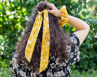 MATCHING Mustard Floral Hair Scarf and Scrunchie Set, Ponytail Scarf and Scrunchy Pack, Hair Ribbon and Hair Tie, Skinny Scarf, Hair Wrap