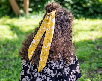 Mustard Floral Hair Scarf, Ponytail Scarf, Hair Ribbon, Skinny Scarf, Floral Hair Tie, Hair Wrap