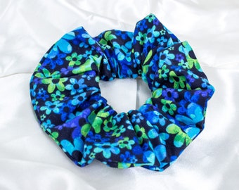 Floral Scrunchie, Black Floral Scrunchy, Handmade Gift for Women, Hair Accessories, Hair Ties with Blue Flowers, Retro 90s Clothing