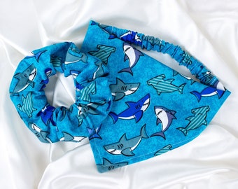 Baby Shark Matching Dog Bandana and Hair Scrunchie Set, MATCH YOUR DOG! Pack, Blue Scrunchy Pet and Owner Set, Scrunchies and Dog Scarf