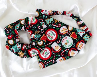 MATCHING Christmas Cookies Dog Bandana and Hair Scrunchy Set with Santa, Holiday Scrunchie Pet and Owner Set, Scrunchies and Dog Scarf