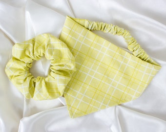 Matching Yellow Plaid Dog Bandana and Hair Scrunchie Set, MATCH YOUR DOG!, Pet and Owner Set, Dog Scarf with Scrunchy