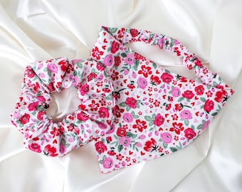 Valentines Floral Matching Dog Bandana and Hair Scrunchie Set, Scrunchies Pet and Owner Set, Match Your Dog Valentines Day Gifts, Dog Scarf