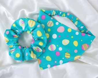 Matching Easter Eggs Dog Bandana and Hair Scrunchie Set, Spring, Easter Scrunchies Pet and Owner Set, Scrunchy and Dog Scarf, Match Your Dog