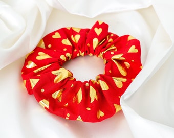 Gold Heart Valentines Scrunchie, Red Handmade Scrunchy, Valentines Day Gifts, Hair Ties, Hair Accessories