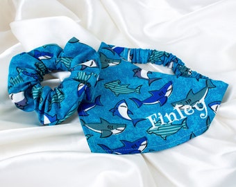 MATCHING Embroidered Personalized Dog Bandana and Hair Scrunchie Set, Baby Shark Scrunchy Pet and Owner Set, Custom Dog Bandana Boy