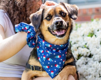 Matching Patriotic Dog Bandana and Hair Scrunchie Set, Patriotic Popsicle Scrunchies Pet and Owner Pack, Scrunchy and Dog Scarf