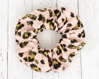Pink Scrunchie with Shimmery Gold Leopard Print, Animal Print Scrunchy, Jaguar Hair Ties, Cheetah, 90s Clothing, Gift for Women