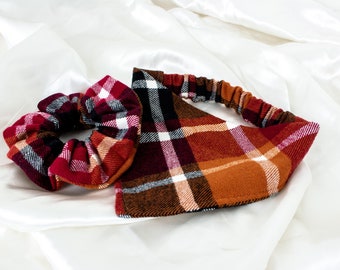 MATCHING Burgundy Flannel Dog Bandana and Hair Scrunchie Set, Matching Dog and Owner, Autumn Scrunchy and Fall Dog Scarf, Fall Dog Bandana