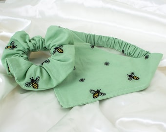 Matching Embroidered Bees Dog Bandana and Hair Scrunchy Set,  Bumble Bee Scrunchie Pet and Owner Pack, Scrunchies and Dog Scarf