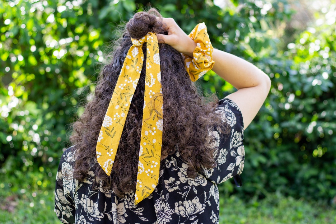 Hair Accessory Set — Black & White Floral Scarf + Mustard Yellow Scrunchie. Matching Mustard Floral Hair Scarf and Scrunchie Set - Etsy main image 2