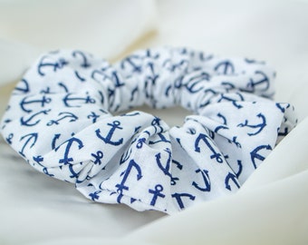 Navy Anchors Scrunchie, White Nautical Scrunchy, Cute Anchor Scrunchies, Gift for Her