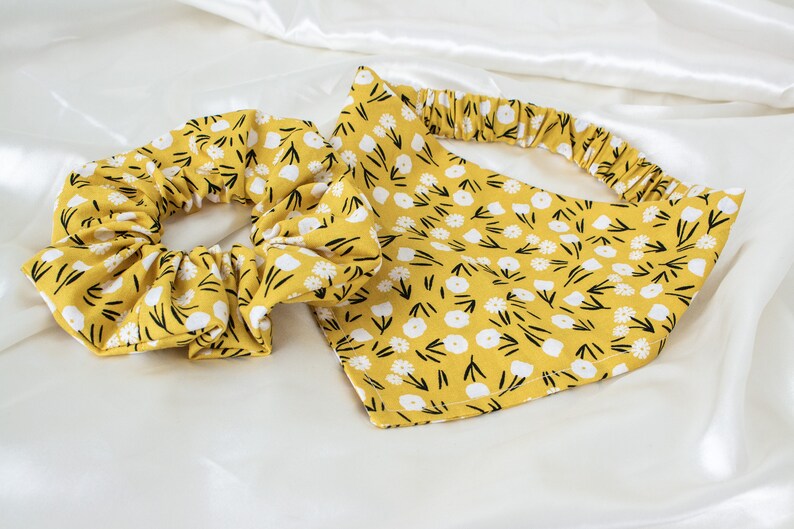 MATCH YOUR DOG Matching Mustard Floral Dog Bandana and Hair Scrunchie Set, Scrunchy Pet and Owner Set, Scrunchies and Dog Scarf Pack image 3