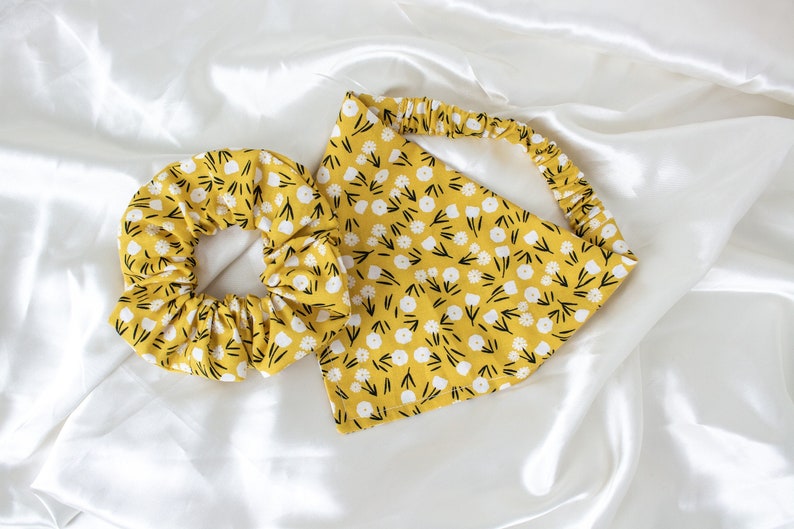 MATCH YOUR DOG Matching Mustard Floral Dog Bandana and Hair Scrunchie Set, Scrunchy Pet and Owner Set, Scrunchies and Dog Scarf Pack image 1