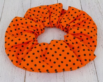 Halloween Orange and Black Polka Dot Scrunchie, Fall Scrunchy, Autumn Hair Ties, Halloween Gifts, Gift for Women, 90s Clothing