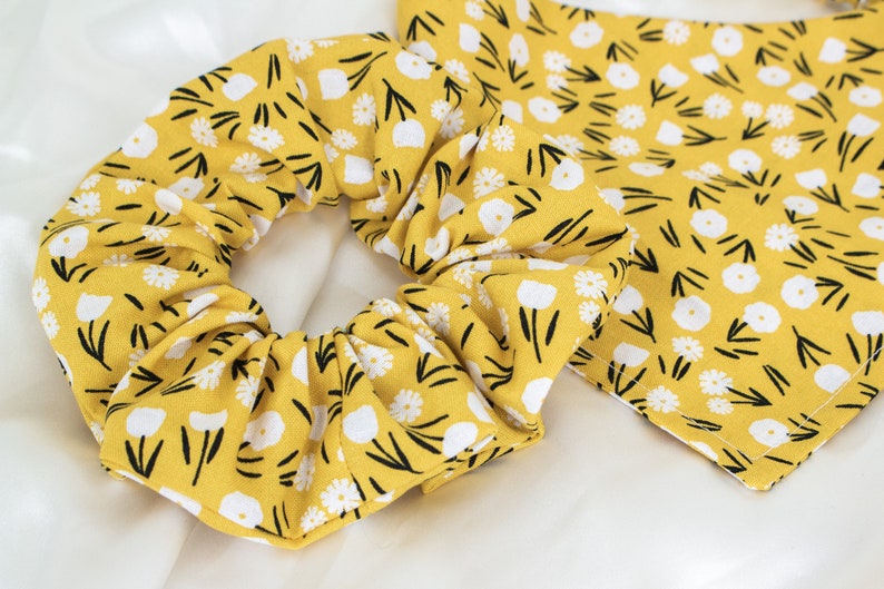 MATCH YOUR DOG Matching Mustard Floral Dog Bandana and Hair Scrunchie Set, Scrunchy Pet and Owner Set, Scrunchies and Dog Scarf Pack image 4