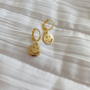 Smiley Face Huggie Earrings | Dainty Gold Plated Hoop Smiley Face Earrings, Lead free, Nickel free, Smile Emoji Earrings, Hypoallergenic