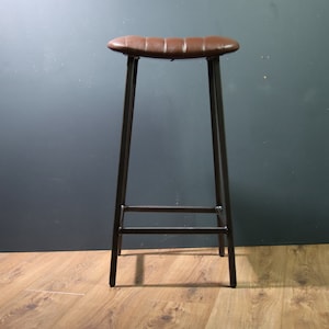 Industrial Dark Brown Leather Bar / Kitchen Stool with Curved Seat