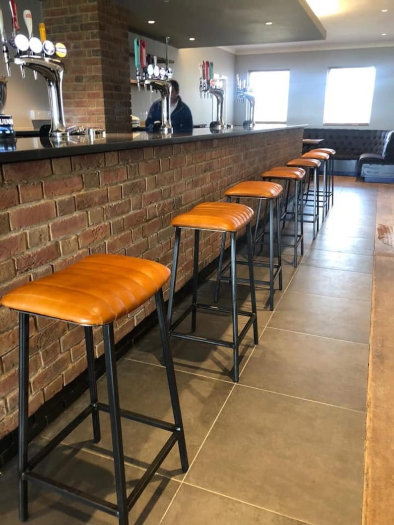 Industrial Leather Bar \/ Kitchen Stool with Curved Seat