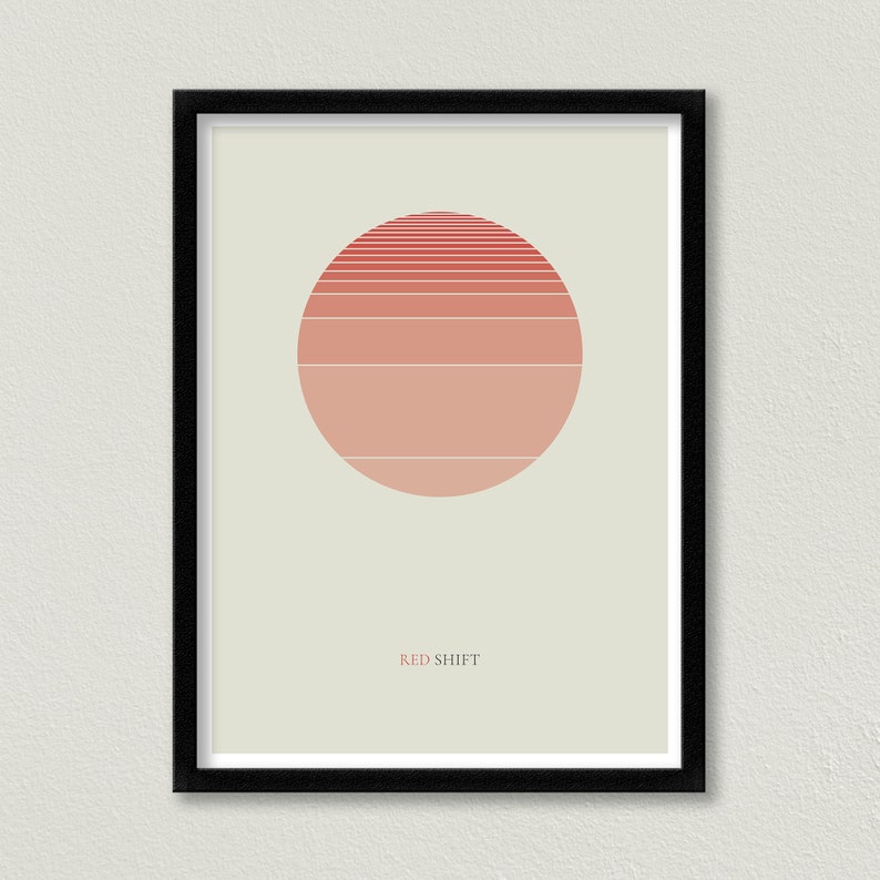 Pode incluir: Uma impress&atilde;o emoldurada com um design minimalista que apresenta um c&iacute;rculo vermelho e rosa com linhas horizontais, sobre um fundo bege claro. O texto "RED SHIFT" est&aacute; impresso abaixo do c&iacute;rculo.