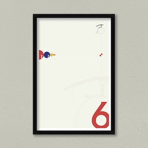 May include: A black framed poster with a white background. The poster features a red number six, a white bicycle with a black wheel, and a line of colorful circles.