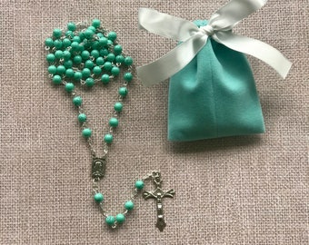 Catholic Rosary Turquoise Blue Praying Beads - Jerusalem Israel Round Rosary Necklace - Madonna Medal Center Necklace Gift for Catholic