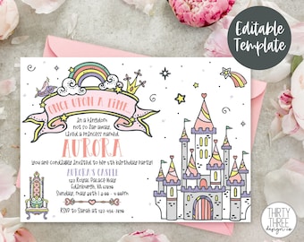 Zaproszenie urodzinowe dla księżniczki: przyjęcie w bajkowym zamku (edytowalny szablon)
