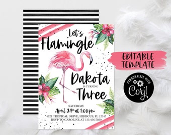 Zaproszenie urodzinowe z flamingiem: Tropikalna impreza luau (edytowalny szablon)