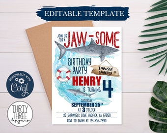 Zaproszenie urodzinowe z motywem rekina: impreza na plaży Ocean Beach, edytowalny szablon (pobranie cyfrowe)