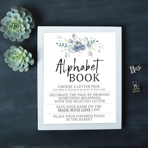 Blue Floral Alphabet Book Sign / Printable Alphabet Book Instructions / Baby Shower Alphabet Book Sign / INSTANT DIGITAL DOWNLOAD