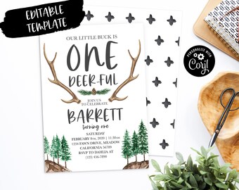 Zaproszenie na pierwsze urodziny One-Deer-Ful / Zaproszenie na pierwsze urodziny Woodland / Zaproszenie na pierwsze urodziny Rustic Boy / EDYTOWALNY SZABLON