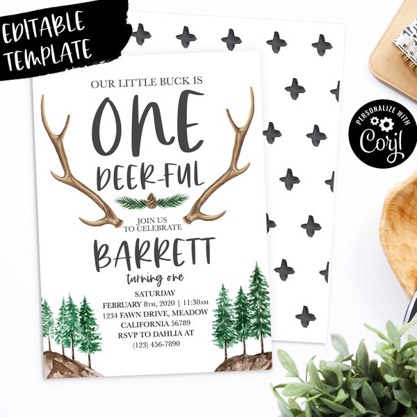 One-Deer-Ful First Birthday Invitation / Woodland First Birthday Invite / Rustic Boy First Birthday Invitation / EDITABLE TEMPLATE