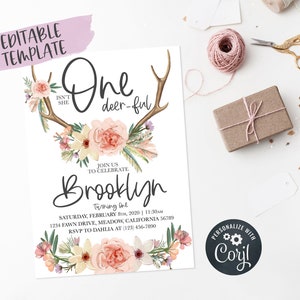 Isn&#39;t She One-Deer-Ful First Birthday Invitation / Boho Girl&#39;s First Birthday Invite / Rustic Floral Birthday Invite / EDITABLE TEMPLATE