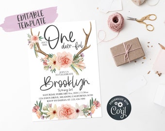 Zaproszenie na pierwsze urodziny w stylu boho z motywem jelenia (edytowalny szablon)